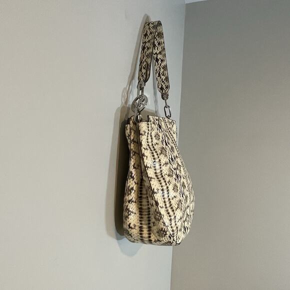 Michael Kors Fulton Large Hobo Bag Snakeskin Embossed Leather Cream Black Purse - Picture 3 of 11